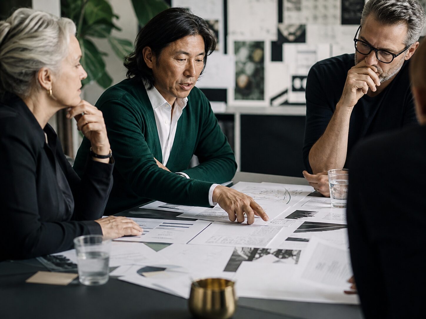 Professionals discussing documents around a meeting table
